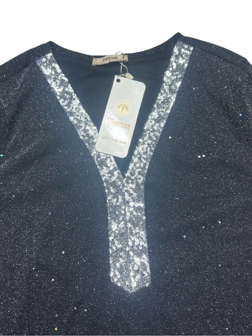 TIMESON: NWT Black Ruffle 3/4 sleeve sparkle Top with Sequin Details Size Medium